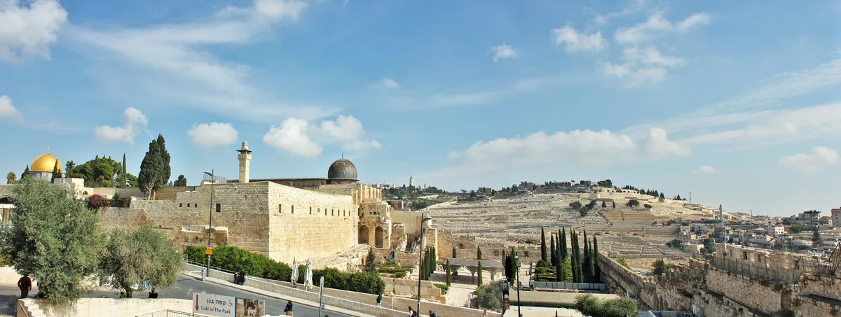 מראה נופי של ירושלים: החומה הדרומית, כיפת הסלע והגבעות ממזרח